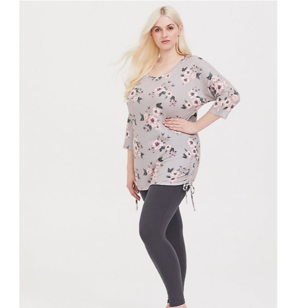 Torrid GREY FLORAL DOLMAN RUCHED TUNIC